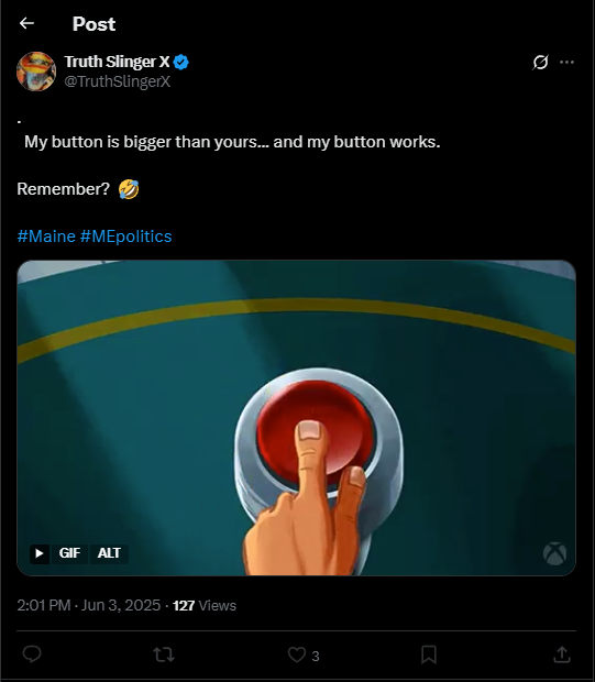 realMGHein's tweet photo. 1500 followers, lol.🙄🤣🤡
Tim "small button" Bodnar💩.
Maybe God's not on his side, eh?
#Maine #mepolitics #truthslingerx #SmallButton @hippychick_24 @hippychick_42 @doxeyeee @bigamuzed @Motoxnut8634 @AnnieJoetta @dgabrielpatrick @MaineAntifa @Grizzly660xp @pwa1776 @mainelyfree76