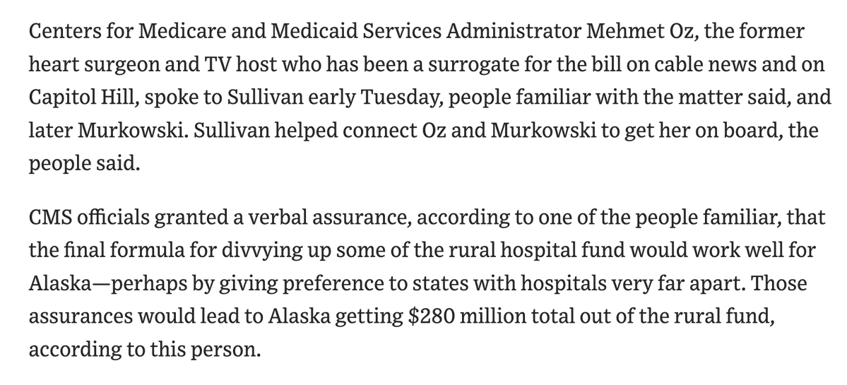 sangerkatz's tweet image. In July, the @WSJ reported that Dr. Oz had promised Alaska's senators that they would get a disproportionate chunk of the tax bill's rural health fund if they supported the bill. They did. Grant amounts were announced today.