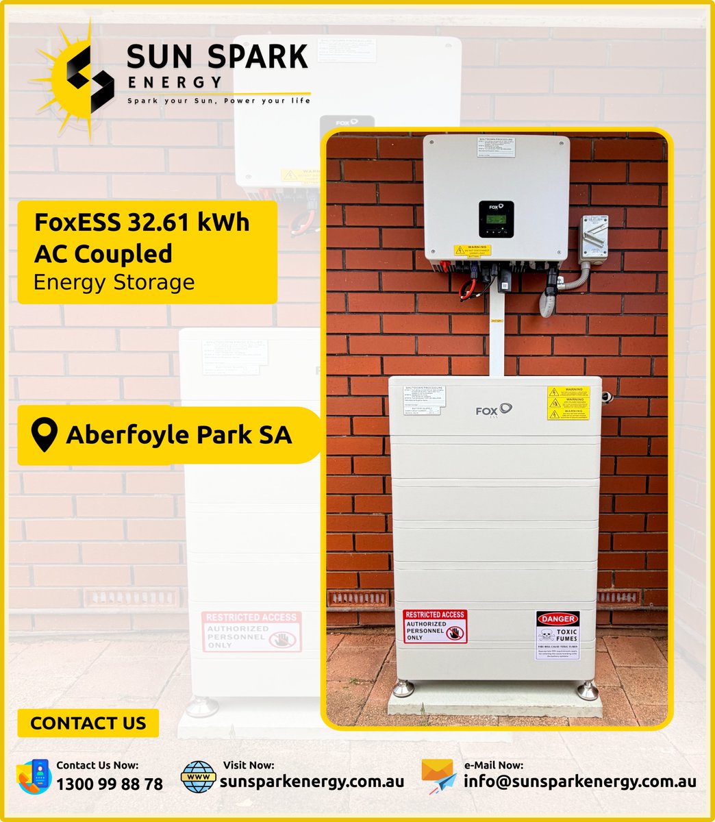 mediajockey's tweet image. Our installation: FoxESS 32.61 kWh AC Coupled  battery storage installation🔋✅
📍Aberfoyle Park SA

Helping homes take a big step towards energy independence &amp;amp; sustainability 🌱☀️
#solarbattery #solarbatterysystem #solarbatterystorage #solarbatteryinstallation #foxess