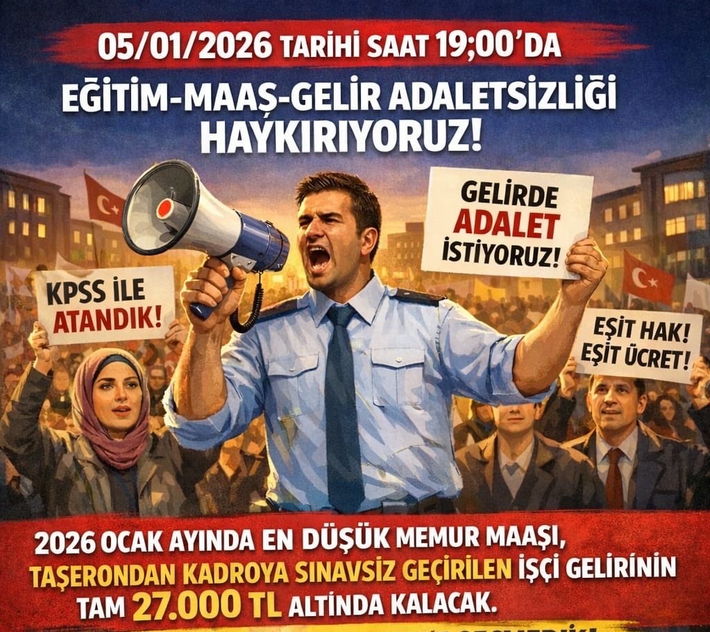 05/01/2026 tarihinde saat 19.00'da eğitim-maaş-gelir adaletsizliğini haykıracağız!

KPSS ile hakkıyla kamuya girmiş bir memur,taşerondan kadroya sınavsız geçirilen bir işçinin gelirinin altında kalamaz.

#memur 
#memurgeçinemiyor 
#memurmeclisteunutuldu