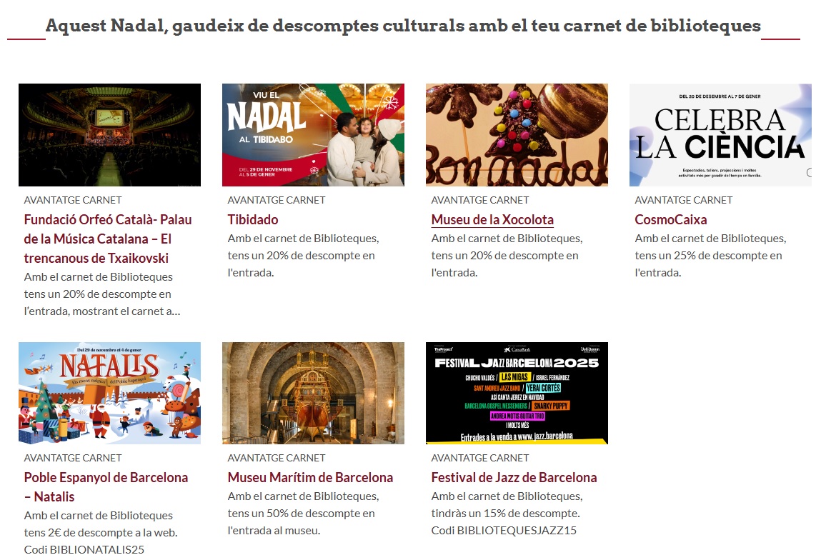 🎄Aquestes festes, regala’t cultura! Amb el teu carnet de biblioteques, tens descomptes exclusius en espectacles, museus i activitats culturals per. 
Aprofita-ho i viu la màgia de la cultura!  bibliotecavirtual.diba.cat/ca/nadal
<a href="/AjArenys/">Aj. Arenys de Mar</a> <a href="/bibliotequesXBM/">BibliotequesXBM</a> <a href="/BibliosMaresme/">BibliosMaresme</a>