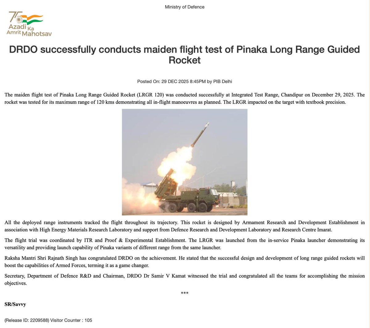 Amitraaz's tweet photo. The maiden flight test of Pinaka Long Range Guided Rocket (#LRGR 120) was conducted successfully at Integrated Test Range, Chandipur on December 29, 2025. The rocket was tested for its max range of 120 kms demonstrating all in-flight manoeuvres as planned. https://t.co/MTIqpTdbgF