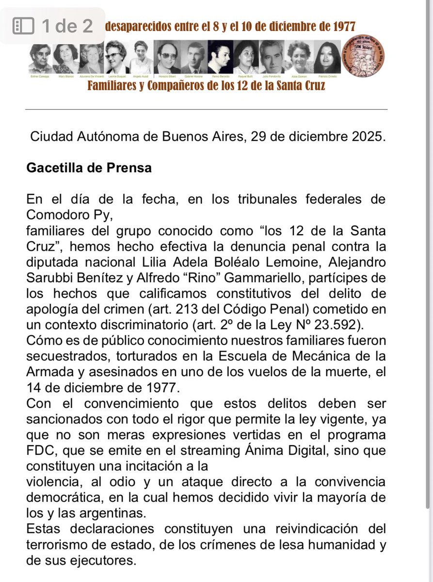 12delasantacruz's tweet image. Hoy hicimos efectiva la presentación de la denuncia penal contra la diputada Lilia Lemoine y demás participantes del programa en el cual se reivindicaron los vuelos de la muerte.