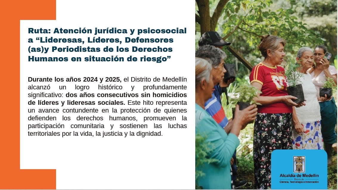 arcilaDDHH's tweet photo. En Medellín, la protección de líderes y lideresas sociales se ha convertido en prioridad absoluta de la Alcaldía. Gracias a políticas públicas enfocadas en prevención, 2024 y 2025 cerraron sin un solo asesinato de defensores de derechos humanos, periodistas o líderes comunitarios en la ciudad, un hito histórico en un país aún azotado por esta violencia. Estas estrategias incluyen atención jurídica y psicosocial integral a personas en riesgo. En total, más de 80 Defensores/defensoras recibieron acompañamiento, con acciones pedagógicas y de capacitación que impactaron a cerca de 3.089 beneficiarios. Además, se respondieron de manera inmediata alertas de amenaza de al menos 12 líderes vulnerables por su labor. Desde la @AlcaldiadeMed destacamos que este logro fortalece la democracia local. #PrimeroLaVida @FicoGutierrez @PazDDHHmed @CIDH @DefensoriaCol @PGN_COL @petrogustavo
