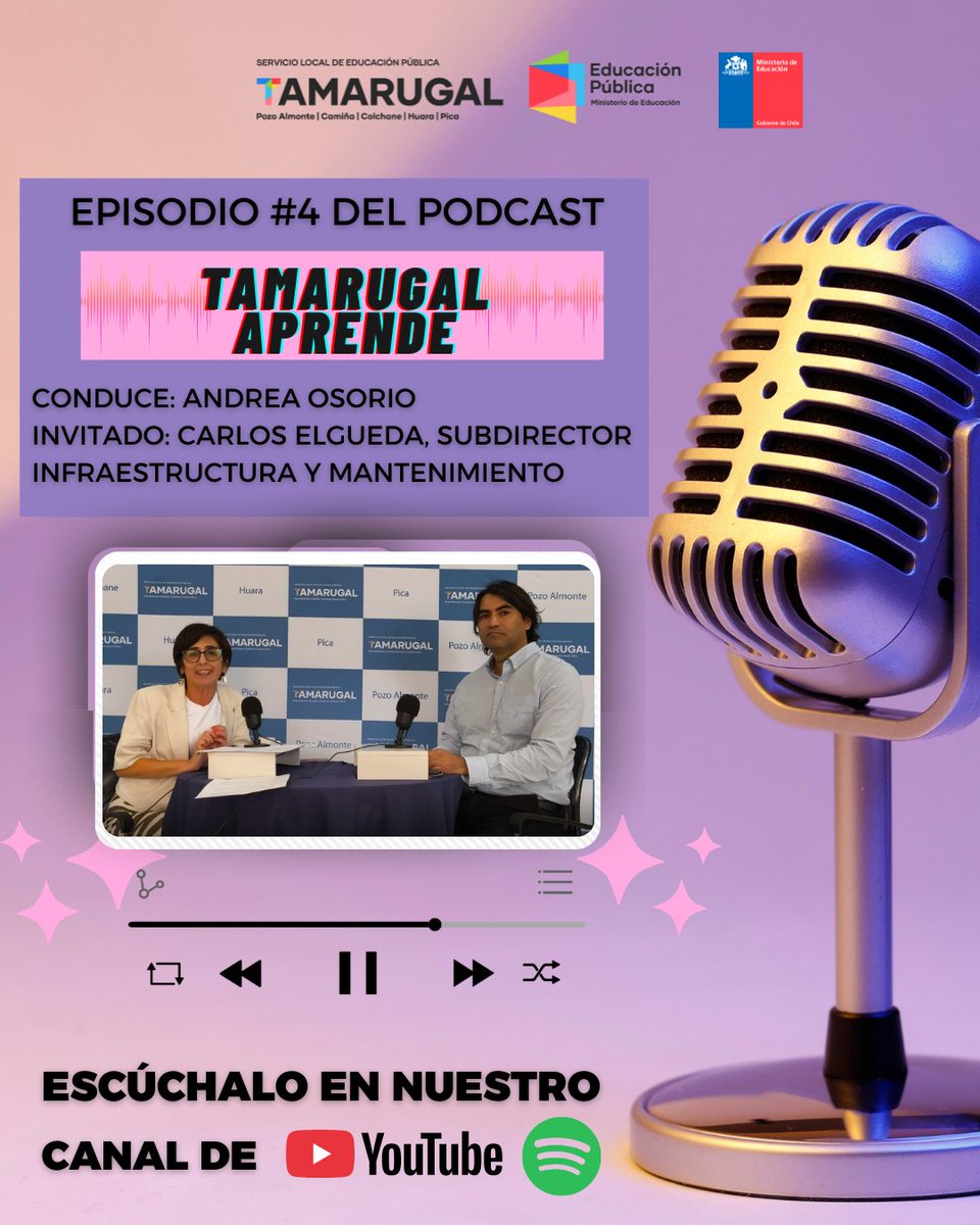 📣YA ESTAMOS AL AIRE

No te pierdas el 4to capítulo de nuestro #Podcast #TamarugalAprende

SPOTIFY: open.spotify.com/episode/1qcWAZ…

YOUTUBE: youtube.com/watch?v=1behep… 

#PozoAlmonte #Huara #Pica #Camiña #Colchane #Tarapacá #Tamarugal #Infraestructura #Educación
