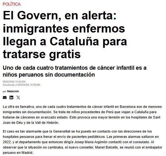 «Uno de cada cuatro tratamientos de cáncer infantil es a niños peruanos sin documentación». Cataluña, 2024.

«Desde que se detectó el problema hasta ahora, los hospitales barceloneses han atendido a 110 niños enfermos de cáncer que accedieron al sistema de salud de forma