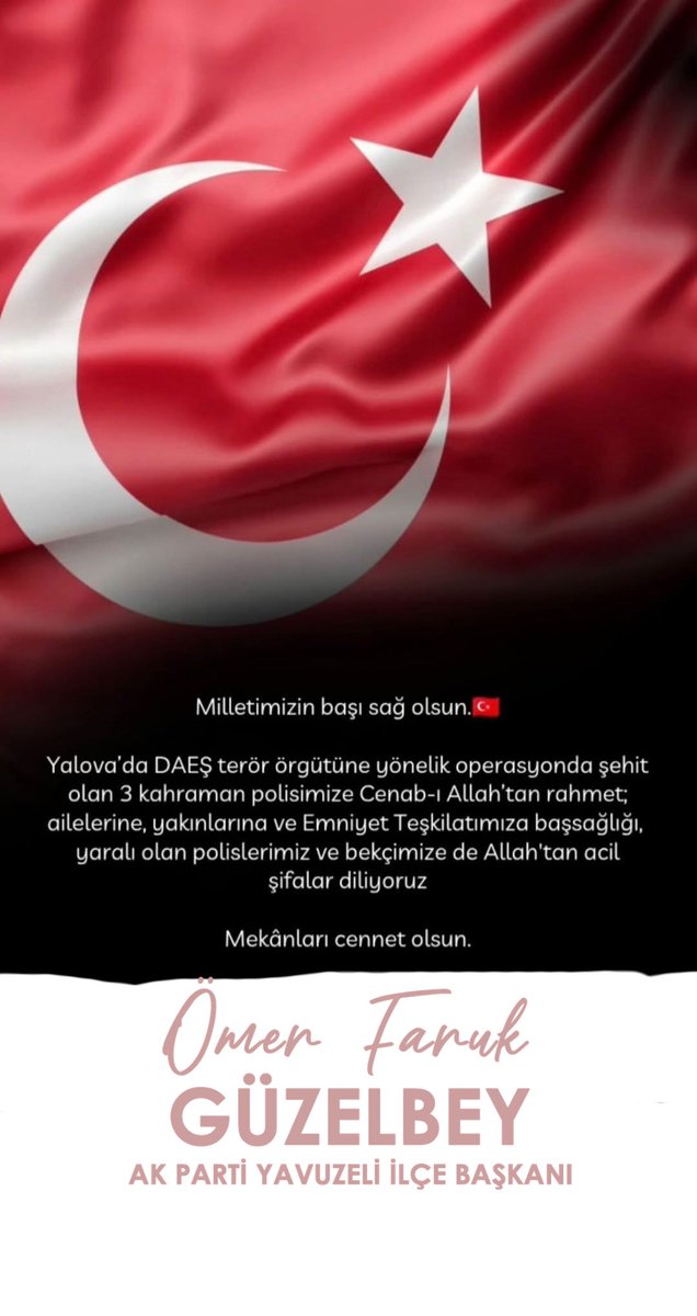 Yalova’da DEAŞ terör örgütüne yönelik operasyonda şehit düşen 3 kahraman evladımıza Allah’tan rahmet; kederli ailelerine, yakınlarına ve aziz milletimize başsağlığı diliyorum. 🇹🇷🤲
<a href="/iekarayel/">Dr. İsmail Emrah KARAYEL</a> 
<a href="/abdulhamitgul/">Abdulhamit Gül</a>