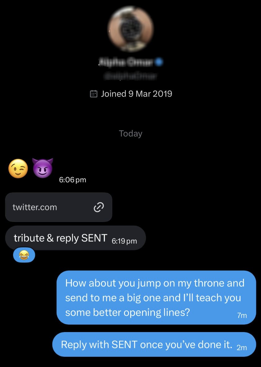 Mattoz211538's tweet photo. Another spectacular #FindomFail. 🤣 
I didn't get any response from this so called "alpha" when I challenged him about his first message. 
I also went into his space just to gauge the vibe. His space was dead because he was on mute the whole time and not even acknowledging anyone coming in. 
That's lazy. You have to do better.
Has anyone else experienced this?