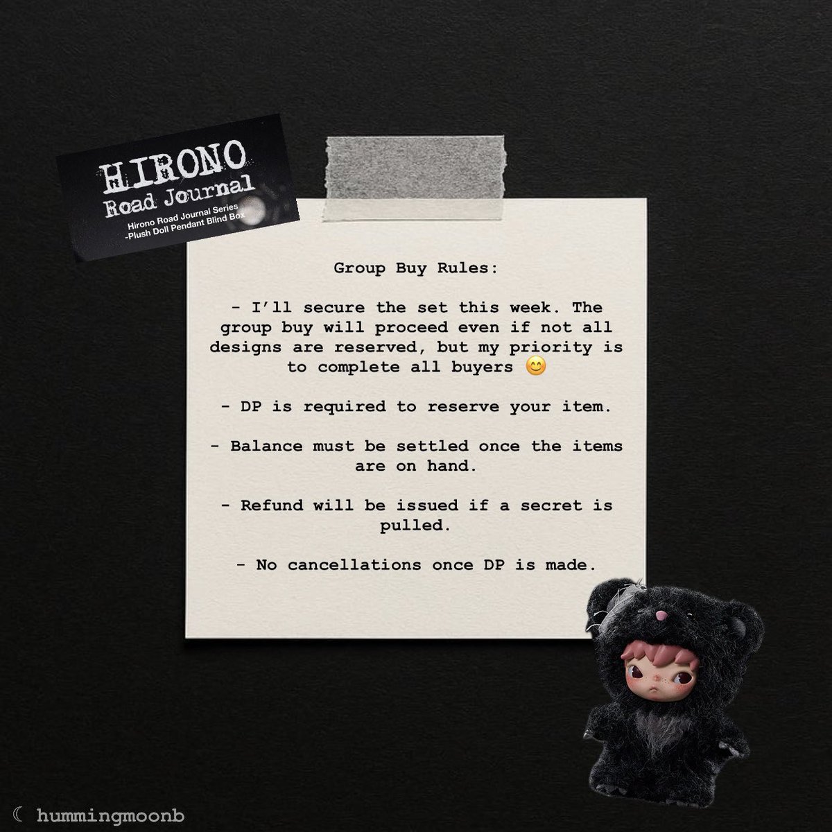 moonchae28's tweet photo. WTS/LFB
Hirono Road Journal Plush Pendant
Batch 2 — Group Buy

₱350 DP to reserve
eta: first week of january

♡ (see photo for details)

Highway Imprint Secret Edition: ₱6.5k (on-hand)

📍Sampaloc, Manila

🏷️ wts lfb hirono road journal pop mart ph manila ♡ https://t.co/yF0ANVtvBk