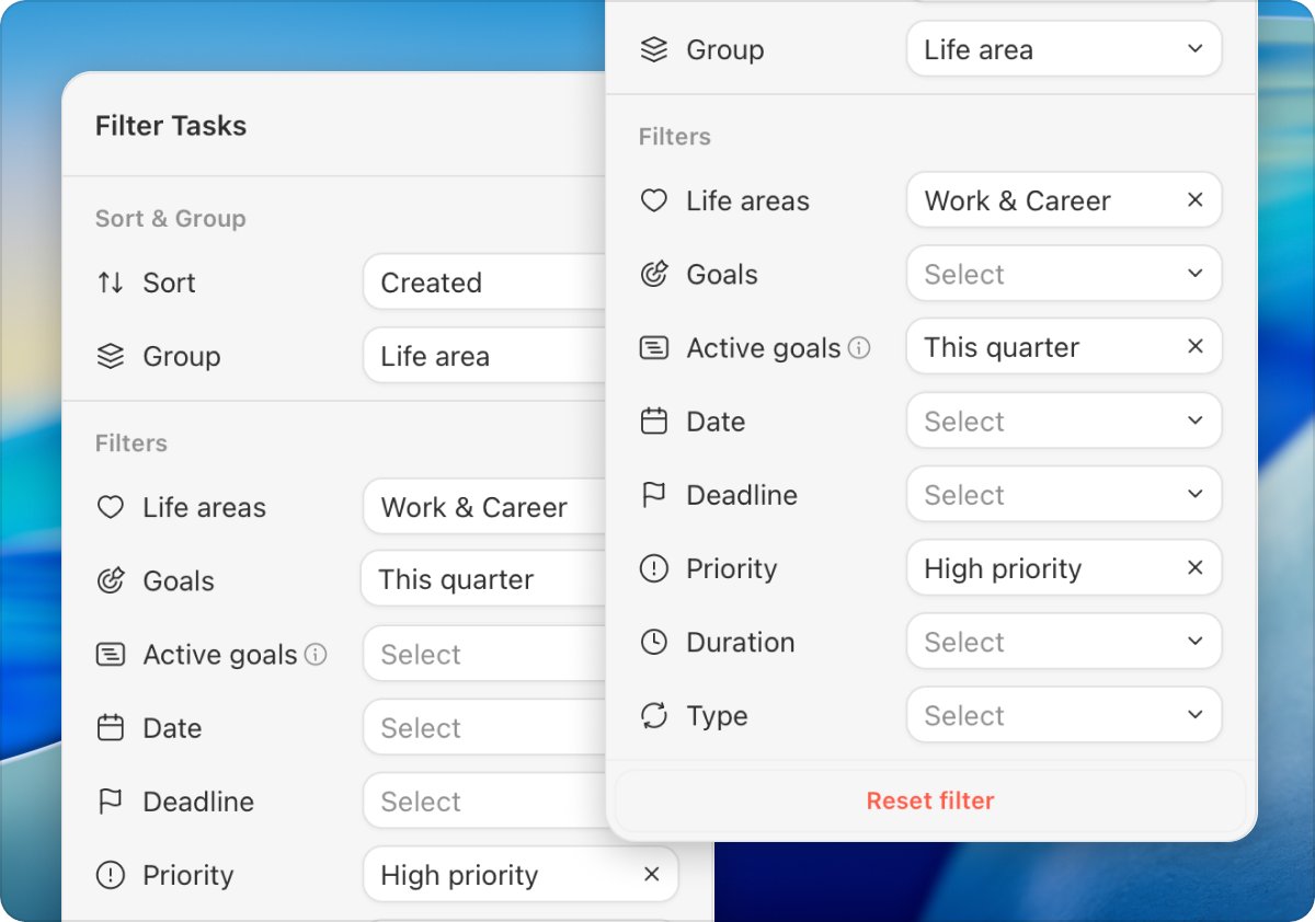 Griply_App's tweet photo. We promised another update before the end of the year, so here we are. New in Griply: a lot of new filters and grouping, multi-select tasks, life area sections, customizable all tasks list and much more. https://t.co/elbYPSEI7L