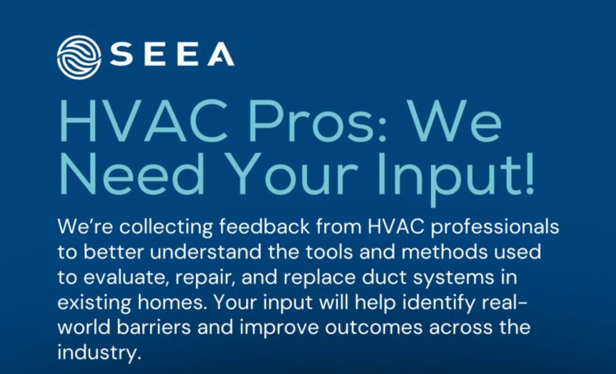 Southeast Energy Efficiency Alliance (SEEA) #Ductwork Evaluation, Repair &amp; Replacement Survey for #HVAC #Contractors - Your Participation is Needed! buff.ly/2piwC6K <a href="/SEEAlliance/">Southeast Energy Efficiency Alliance (SEEA)</a> #ducts #heating #cooling #ventilation #building #IAQ #indoorairquality #energyefficiency