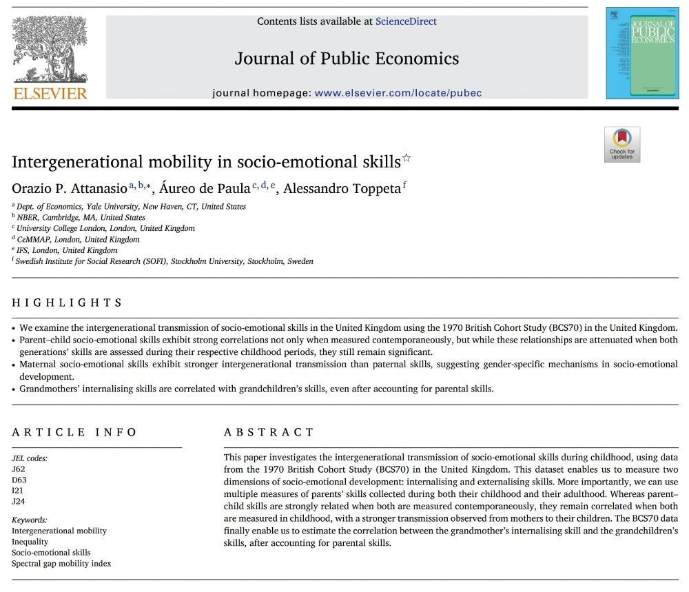 sanz_ismael's tweet image. No solo heredamos genes: también habilidades socioemocionales como la sociabilidad o la estabilidad emocional. El estudio revela que la infancia es clave y que las madres tienen un papel más influyente en esta transmisión sciencedirect.com/science/articl… blog.funcas.es/la-formacion-e…