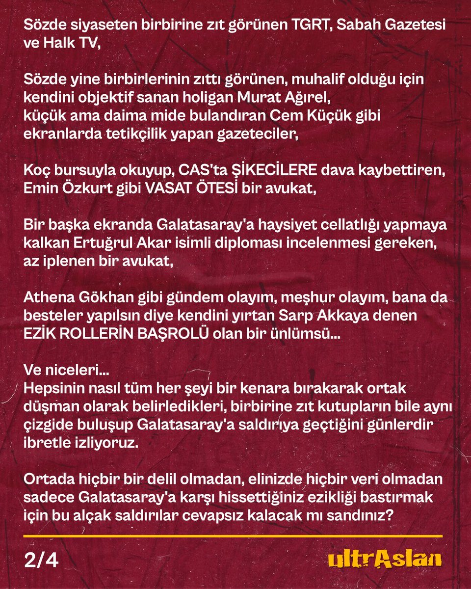 uAYurtici's tweet photo. #GalatasarayTekSizHepiniz 

Günlerdir Galatasaray’ın doğrudan hiçbir tarafı olmadığı, Galatasaray’la ilişkisiz bir soruşturmayı ekranlardan, gazetelerden, sosyal medya hesaplarından, Galatasaray’la ilgili yürütülen bir soruşturma gibi algı yapan, geçmişe dönük puan silmelerin olabileceğini yayan, şampiyonlukların el değiştirebileceğini söyleyen hatta ligden düşme bile olabileceğini yazan bu ahlak yoksunlarına karşı yönetimimiz gereken hukuki aksiyonları alacaktır.

Taraftarlarımız da bunlara karşı her türlü boykotu tüm platformlarda en yüksek sesle uygulamaya koymalıdır!

TÜRKİYE’DİR GALATASARAY!

#uAYurtiçi