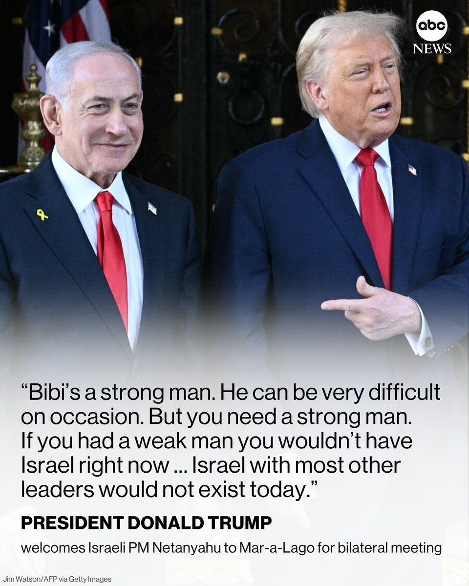 ABCPolitics's tweet image. Israeli Prime Minister Benjamin Netanyahu is in Florida for talks with President Trump on Monday.
 
During a gaggle with reporters, Trump called Netanyahu a "strong man" who can be "very difficult on occasion." 

Read more: abcnews.link/RVfzmTQ
