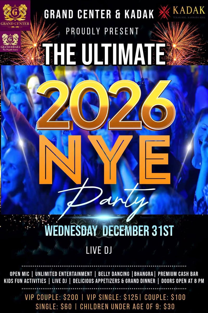 NRIPage's tweet photo. Grand Center & Kadak Presents: Ultimate 2026 New Year’s Eve Party
For mor details visit: https://t.co/PRHbUVTK12
#nye2026 #newyearseveparty #NRIPage #dallasevents #nyedallas #newyearcelebration #livedjparty #desinye #familyfriendlyevent #partyindallas #nyenight https://t.co/272DXFYbKm