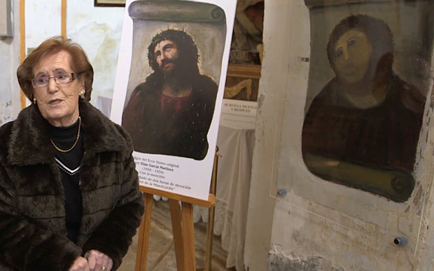Solar_Sas's tweet image. Cecilia Giménez, "restorer" of the infamous botched Ecce Homo painting died today at 94. RIP to a meme legend. europapress.es/aragon/noticia…