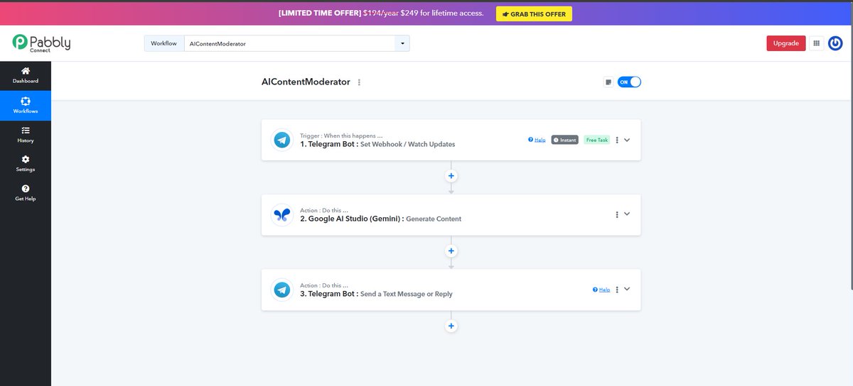 Uf_aliyuN's tweet photo. As part of Week 2 of the AI Mentorship Program led by @hgeh_o , 
 @Manuelxxix and I developed an AI-driven Telegram content moderation system using Pabbly Connect and Make . https://t.co/qBRnTnAkAw