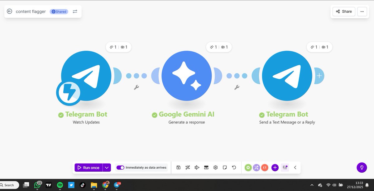 Uf_aliyuN's tweet photo. As part of Week 2 of the AI Mentorship Program led by @hgeh_o , 
 @Manuelxxix and I developed an AI-driven Telegram content moderation system using Pabbly Connect and Make . https://t.co/qBRnTnAkAw