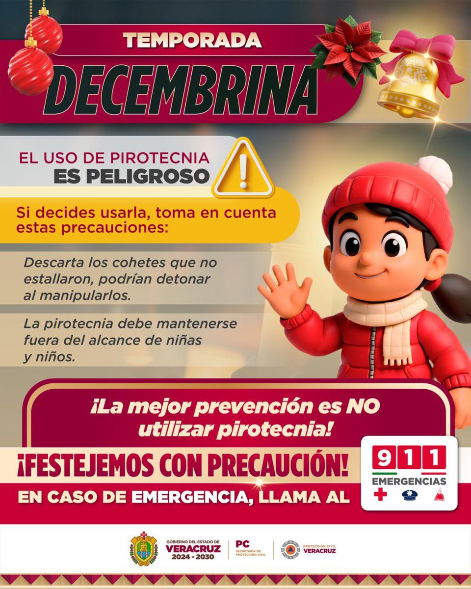 La alegría de celebrar la temporada decembrina 🎄 no tiene precio.

Evitar accidentes es una tarea de todos para que estas fiestas cierren con el bienestar de toda la familia 👨‍👩‍👧‍👦.

​¡Celebremos con responsabilidad!
Ante emergencias comunícate al 911 ☎️.
