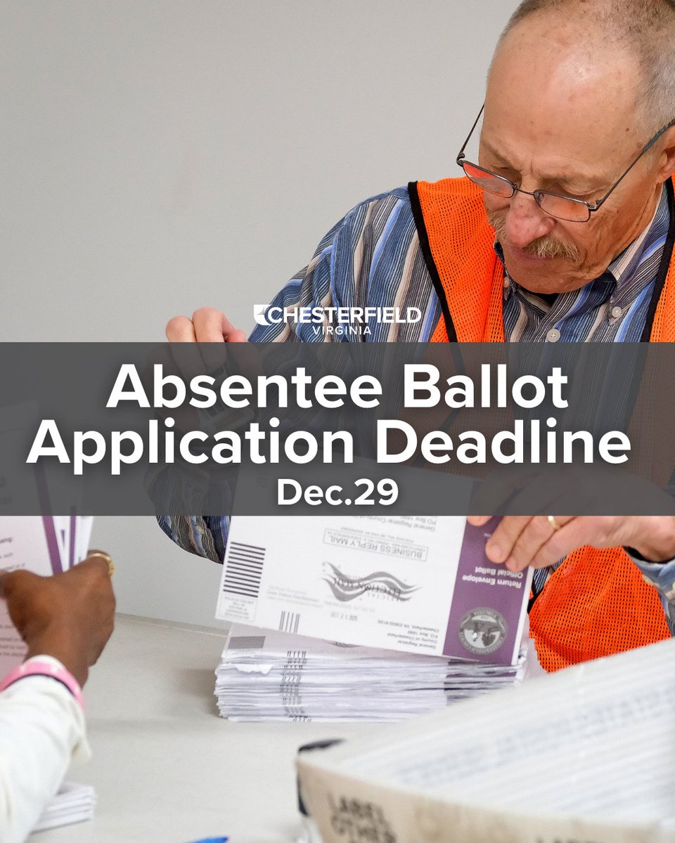 ChesterfieldVa's tweet image. Voting by mail? 
 
Today, Dec.29, is your last chance to submit an Absentee Ballot Application for the upcoming Special Election!

More information: bit.ly/45iU10G
 
#Voting #Cfield #Vote #YourVoteMatters #CastYourVote