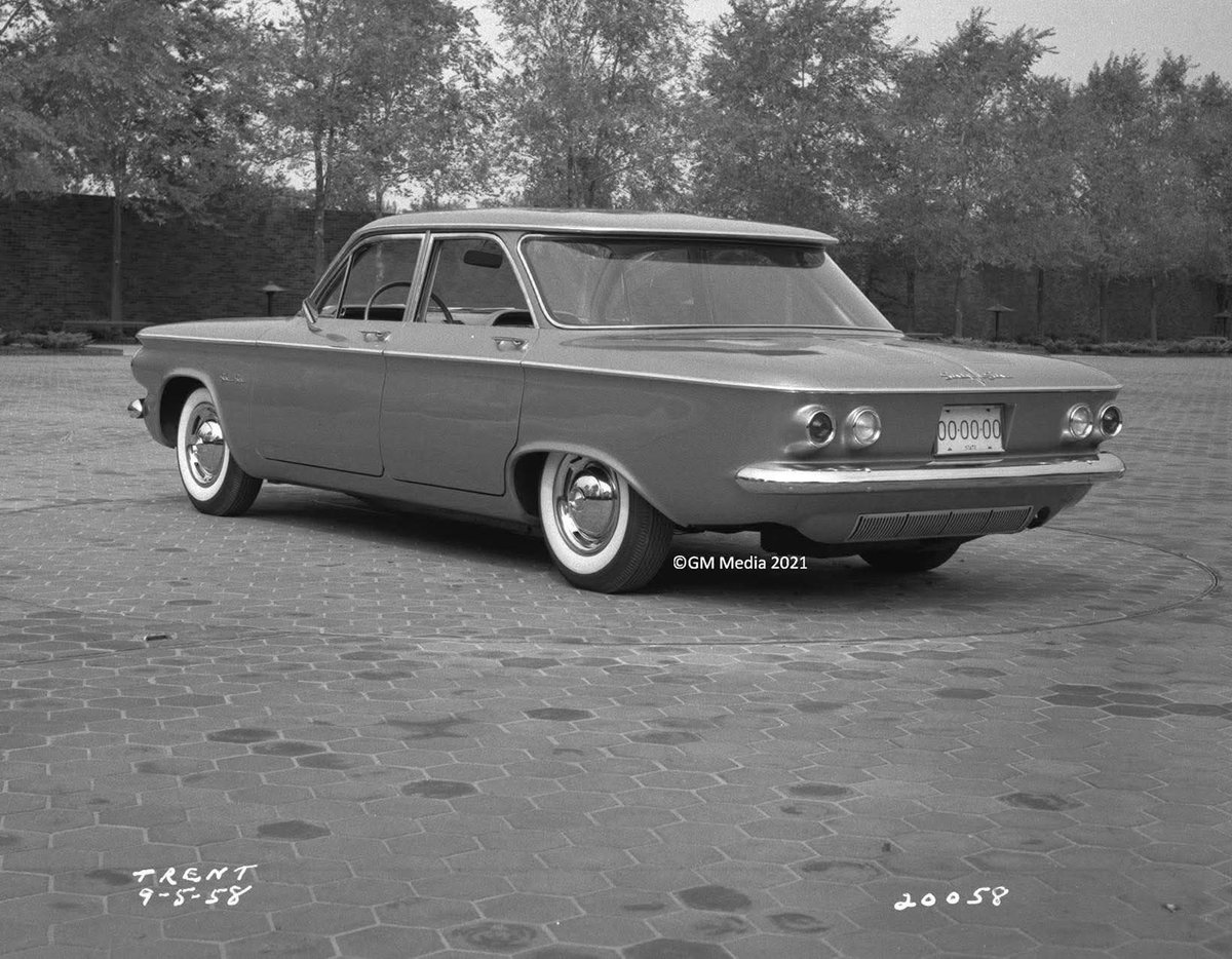 Design proposals for the Oldsmobile Sixty Six and Pontiac Polaris. Basically just different fake grilles and engine cover badging. Both just used the standard 1960 Corvair head and tail lights.

Both brands wanted a slice of the Corvair pie, but neither ever happened.