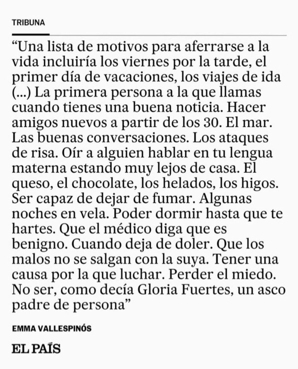 Qué maravilloso texto de <a href="/emmavallespinos/">Emma Vallespinós</a> ♥️ 

👉🏻 «No ser, como decía Gloria Fuertes, un asco padre de persona…» 

Lo que hace que merezca la pena  -  elpais.com/opinion/2025-1…