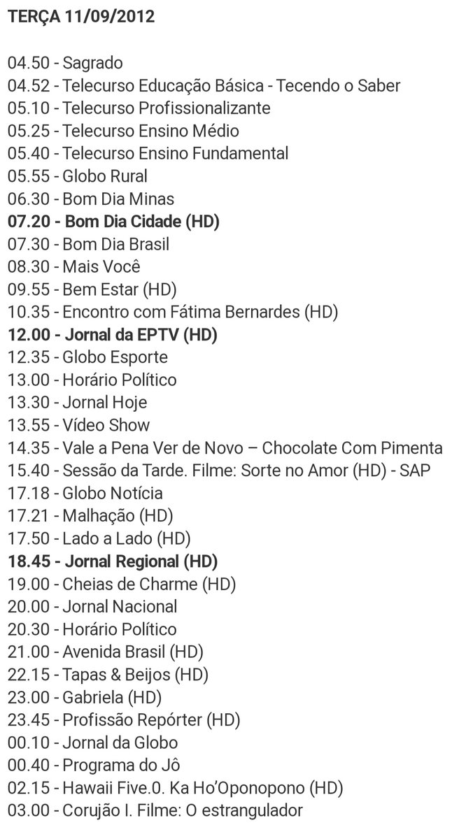 Em 11 de setembro de 2012, tínhamos:

Chocolate com Pimenta
Malhação
Lado a Lado
Cheias de Charme
Avenida Brasil
Tapas &amp; Beijos
Gabriela

Todos na mesma grade de programação, que ainda tinha o Vídeo Show, Profissão Repórter e o Programa do Jô.

Absolute Television!