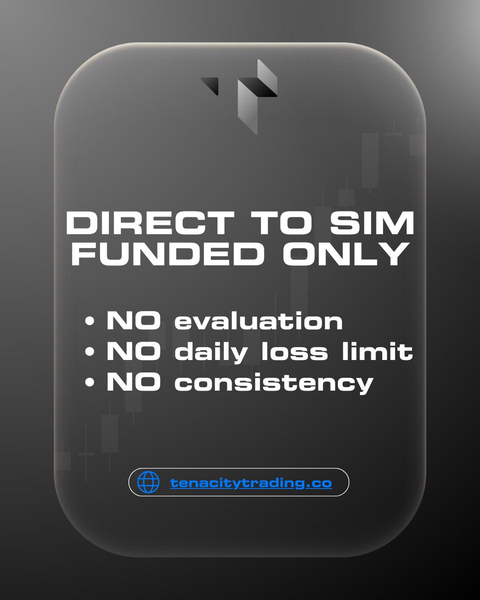 TenacityTr's tweet image. Tenacity competition accounts are direct to sim-funded (no evaluation required to start generating profit). 

No daily loss limit gives traders true control of their account. There is also no consistency rule meaning traders don’t need to risk or make the same amount everyday.