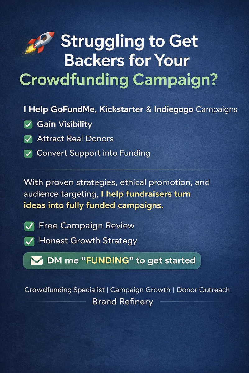 abdullahis82963's tweet image. Most crowdfunding campaigns fail not because the idea is bad because the strategy is wrong
No fake traffic No shortcuts Just ethical growth that converts Want a professional review of your campaign?
📩 DM me FUNDING
#CrowdfundingExpert #CampaignGrowth #FundraisingTips #gofundme