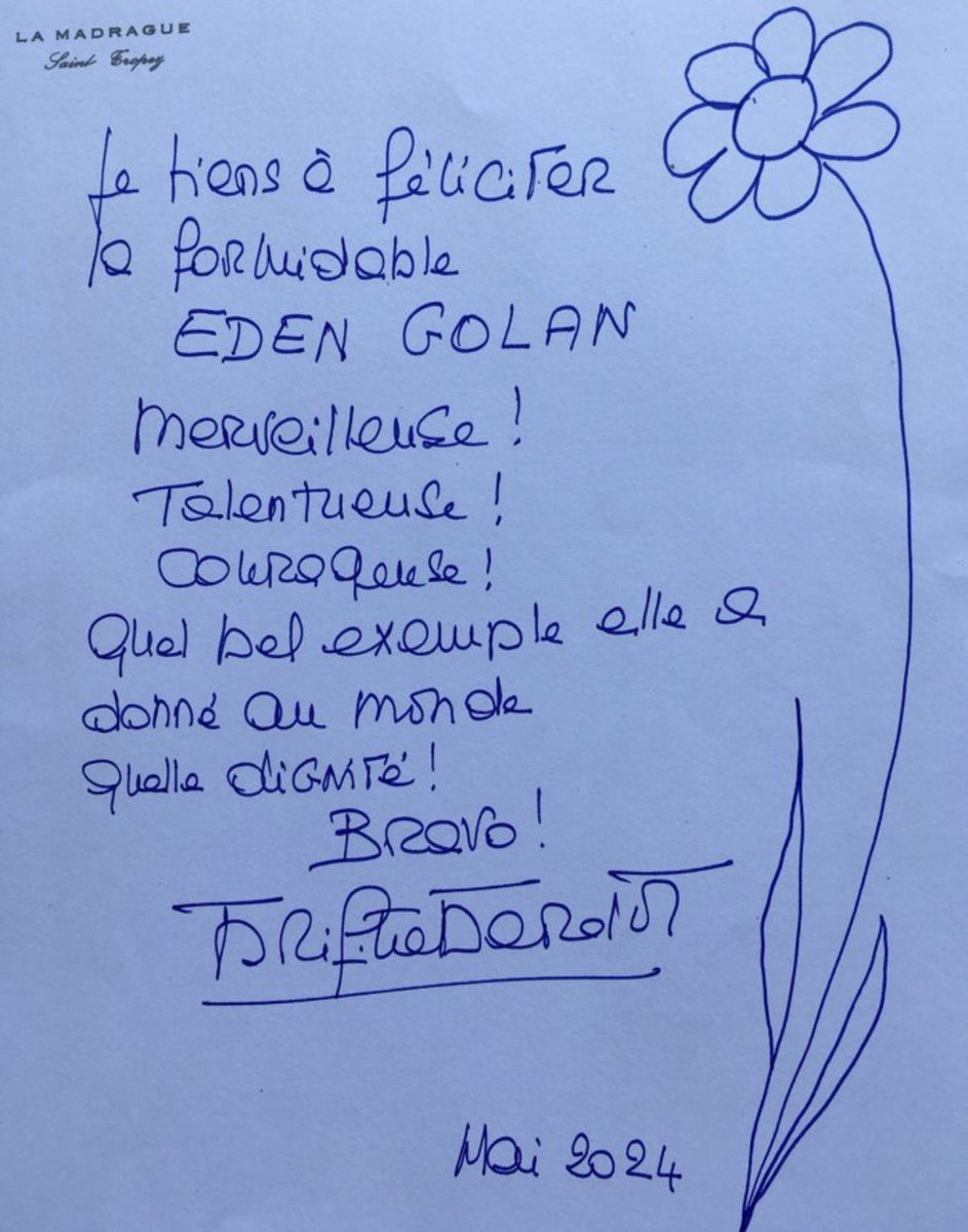 Brigitte Bardot wrote handwritten tribute to Israeli Eurovision singer Eden Golan offering her encouragement as she faced a wave of hate after the Eurovision Finals in 2024. 

“What a beautiful example she has given to the world.”

The French actress, who passed away aged 91 this
