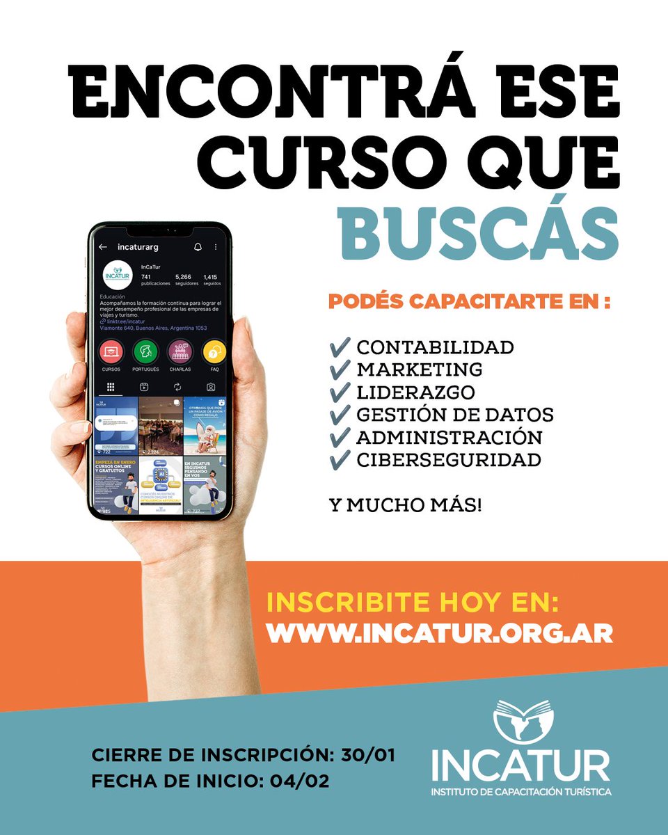 Los cursos más completos te esperan en febrero 2026.
📌 Inscripción abierta.
Sumá herramientas y seguí formándote.

inscribite en incatur.org.ar