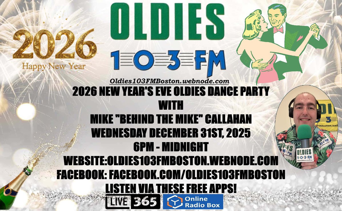 MBTMCallahan's tweet photo. Join me on Oldies 103 on New Year’s Eve 12/31 from 6pm-Midnight for the 2026 New Year’s Eve Oldies Dance Party! 6 solid hours of requests, dedications and tributes to the musicians we lost this year! Listen at https://t.co/rhWwMnMPKg &amp; on the free Live365 &amp; Online Radio Box apps! https://t.co/Dqc0GG6OOs