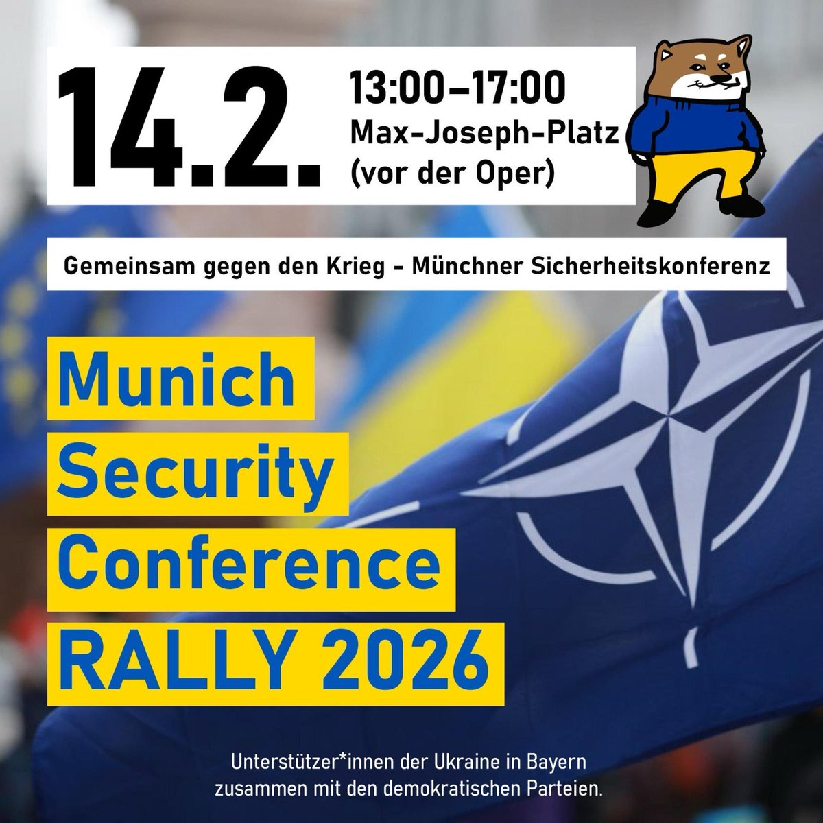 Am 14.02.2026 laden wir alle ein, mit uns für die Stärke des Rechts, die Freiheit in Sicherheit und für nachhaltigen Frieden einzustehen.
📅 14.02.2006 
⏰️ 13:00 - 17:00
📍 Max-Joseph-Platz, München 
#MSC2026