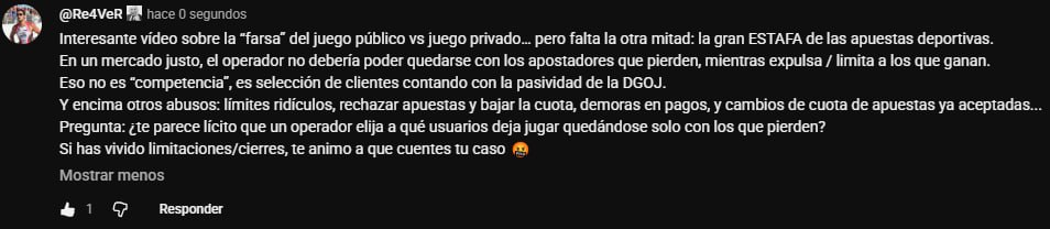 Aquí estan el mail y el comentario en su vídeo.
Los operadores denuncian la hipocresía del juego público, pero ocultan la suya al impedir q jugadores responsables que apuestan con "destreza" o estrategia participen, en lugar de asumir el riesgo o invertir en mejorar su producto