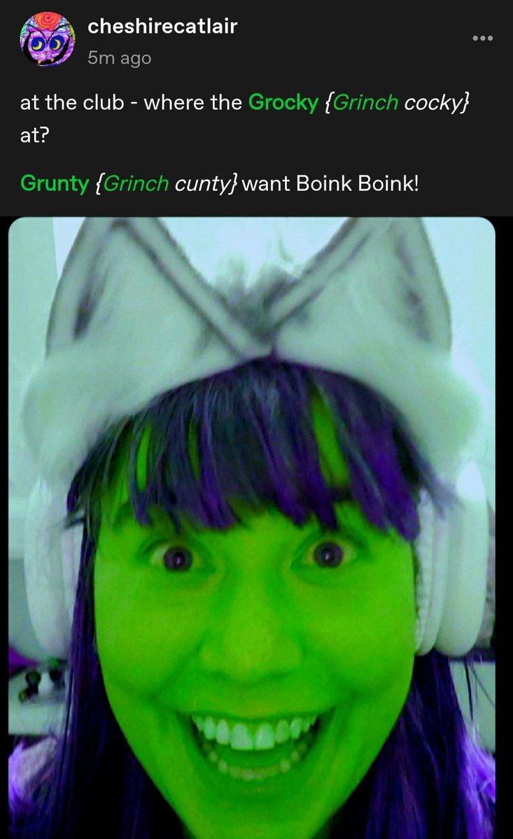 AlgorithmPig's tweet image. at the club - where the Grocky {Grinch cocky} at?
Grunty {Grinch cunty} want boink boink! #Grinch #Grussy #MerryChristmas