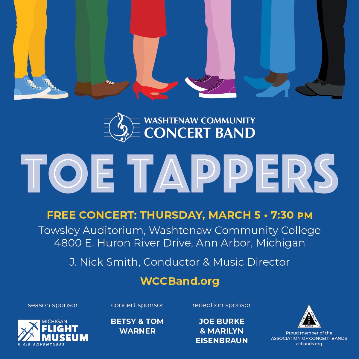 Winter is upon us, but it’s not too early to think about warmer times ahead! ☀️ Mark your calendar for our next concert! It’s sure to get your toes tapping!! 🎶👠👞  Join us at Towsley Auditorium, located in the Morris Lawrence Building, at Washtenaw Community College! 3/5/2026