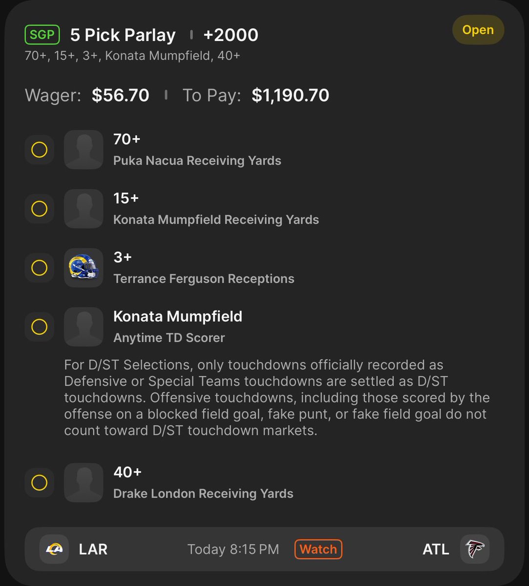 MNF Straight &amp; Lotto! 📈👀🏈

Last night it was Jake Tonges without a doubt 🤑 (hope some of you tailed)

Tonight you may ask? It’s Konata Mumpfield.