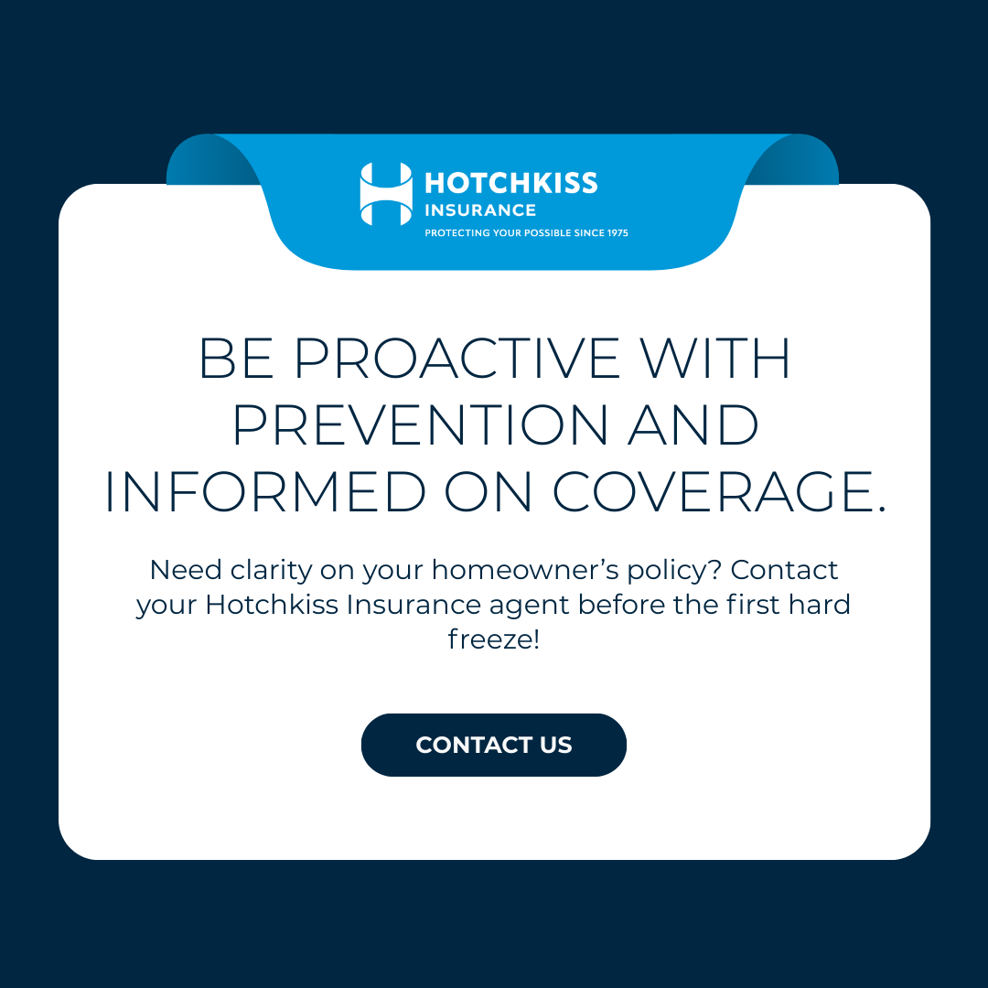 Frozen pipes? ❄️ Standard homeowners policies often exclude “failure to maintain heat.”

Check your home daily or drain your water before traveling. Prevention protects your coverage.

Review your policy with Hotchkiss Insurance.

#WinterInsurance #Home #HotchkissInsurance