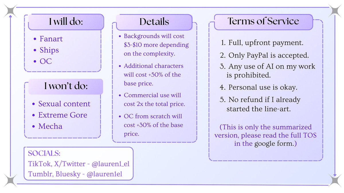 #Commission 
I'm finally starting commissions ^^ reposts are very much appreciated!
Link to the cms form will be in the replies
