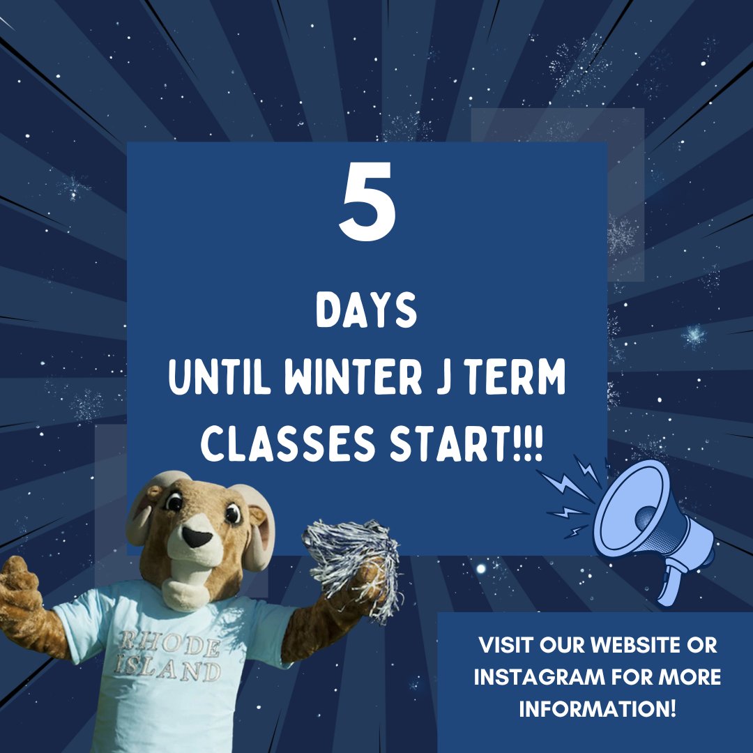 URIWinterJTerm's tweet photo. Are you ready? ❄️ Only 5 DAYS until Winter J-Term classes begin!
The countdown is ON 💪Time to finalize your schedule for a productive winter session.
📍 Tap the link in our bio for the full course list and to register today!
#URI #WinterJTerm #Countdown #5DaysToGo #RegisterNow https://t.co/3zht1S30aL