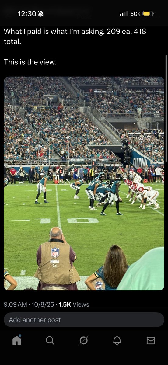 ScottBKurland's tweet photo. Selling my tickets for face value… $209 each(only Jags fans). Section 141 Row A Seats 3 &amp; 4. You’ll be on the tv broadcast and sounds of the game a few times. https://t.co/NHm2Gr8BON