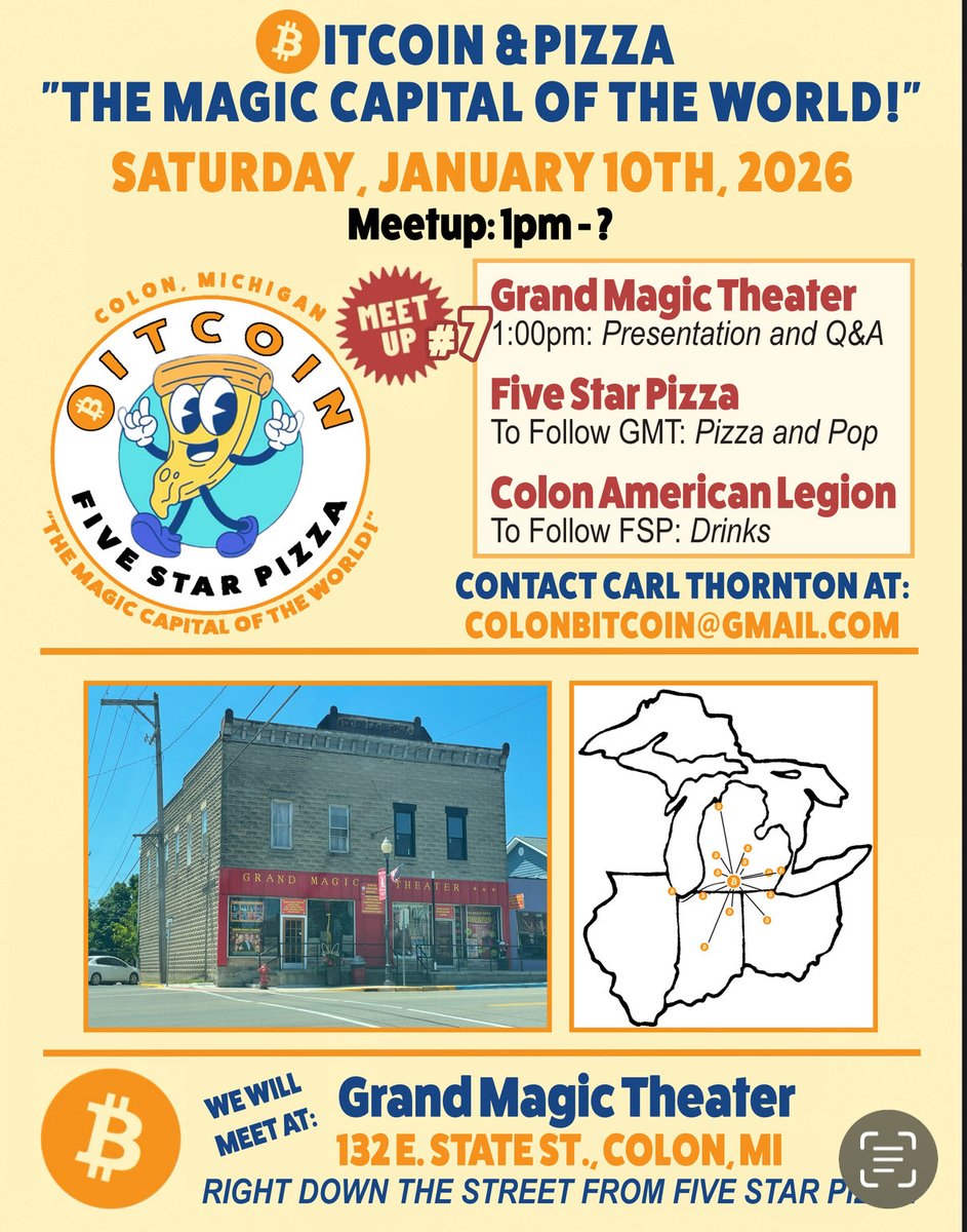 Merry Christmas and Happy New Year!
The Magic Capital Bitcoin group is excited to announce our first meetup of 2026, coming up right after the holidays!
Please join us:
Saturday, January 10th, 2026
1:00 PM
Colon, Michigan – the Magic Capital of the World!
Schedule:
•  1:00 PM –