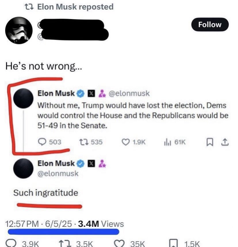 WeirdIsBetter's tweet image. WE didn’t fuck up - ELON did and he admitted it on TWITTER on June 5, 2025: