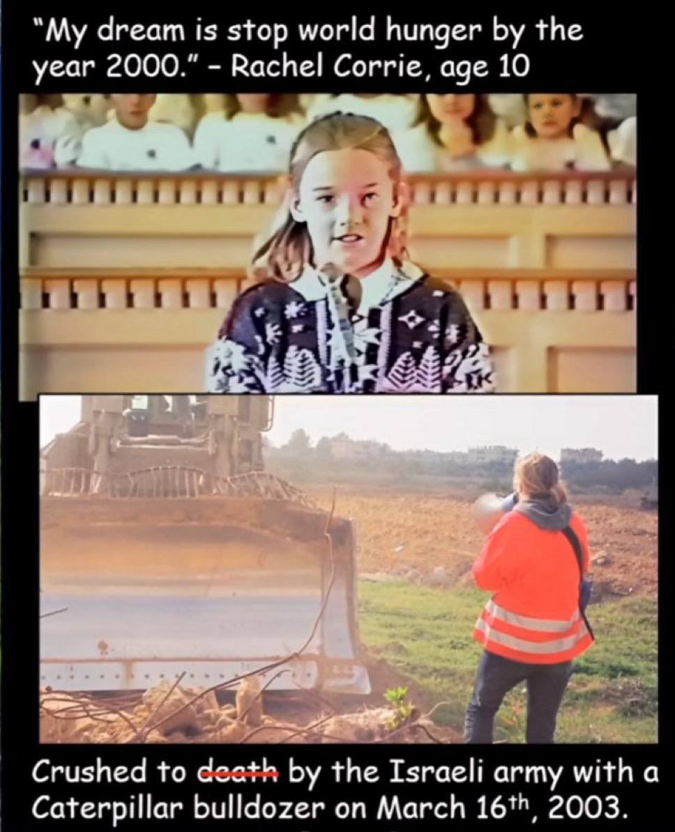 pnwguerrilla's tweet image. She was from Olympia Washington. 

She stood in the way of an Israeli bulldozer that was going to destroy someone’s home. They drove over her and destroyed the house anyway.