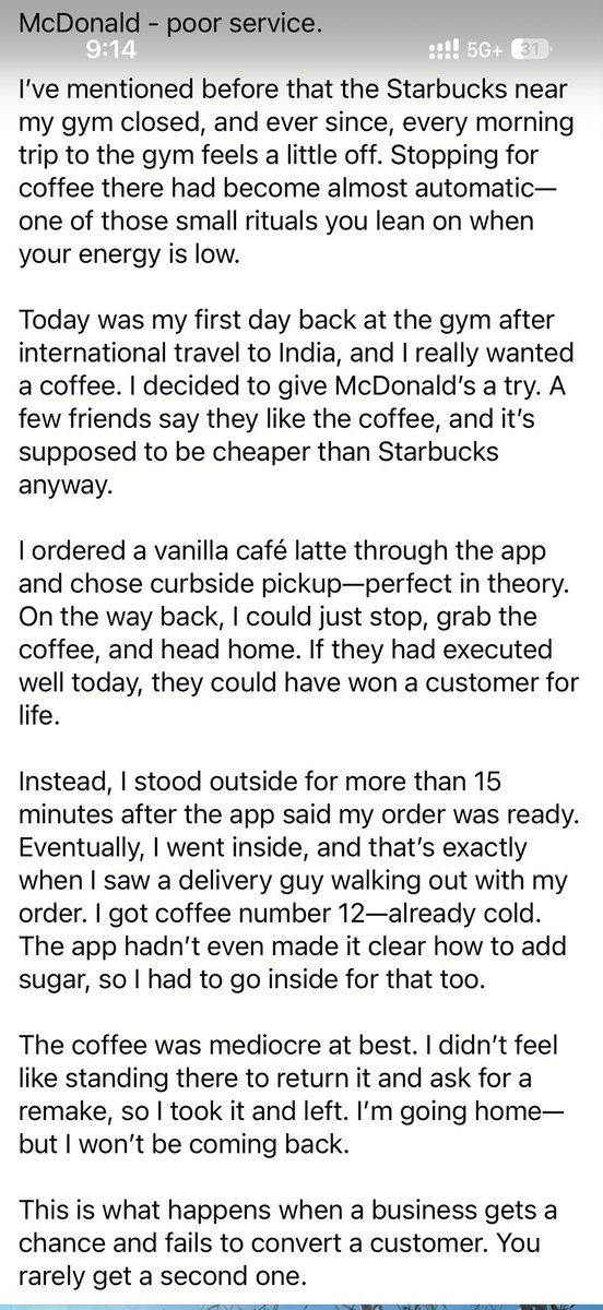 rbisarya's tweet photo. I ordered a vanilla café latte through the app and chose curbside pickup—perfect in theory. If they had executed well today, they could have won a customer for life.

Instead, I stood outside for more than 15 minutes after the app said my order was ready for a cold coffee. https://t.co/TSnDx0crLG