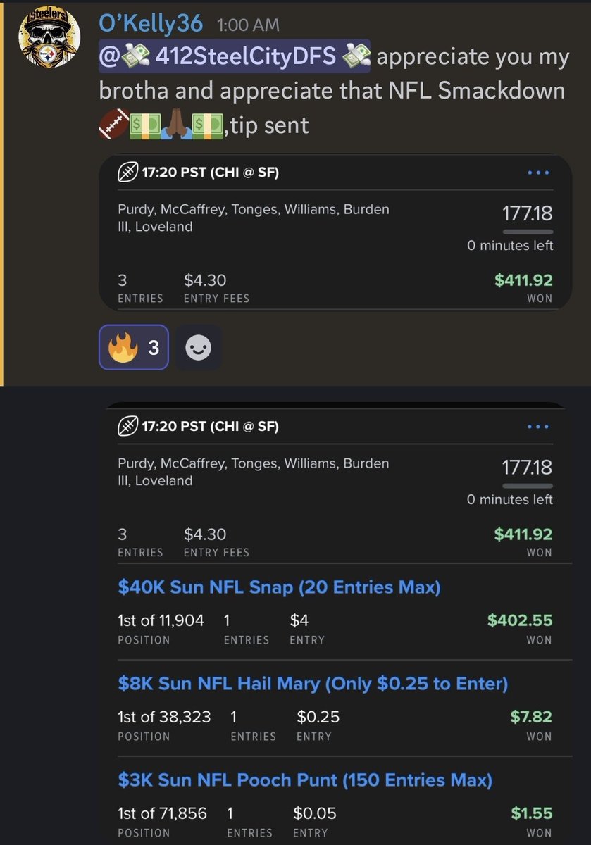 SteelCityDFS's tweet photo. ohh....WHAT A NIGHT we had for SNF. my brotha @AJG_DFS posted this beauty and took down the $50 SE, but the star🌟 of the night was the lineup that I posted which was the nuts 🥜 and took EVERYTHING down! WE.ARE.HIM
join the discord for FREE today!

#fanduel #dfs #nfl #dfslineups https://t.co/RomJcfiMi3