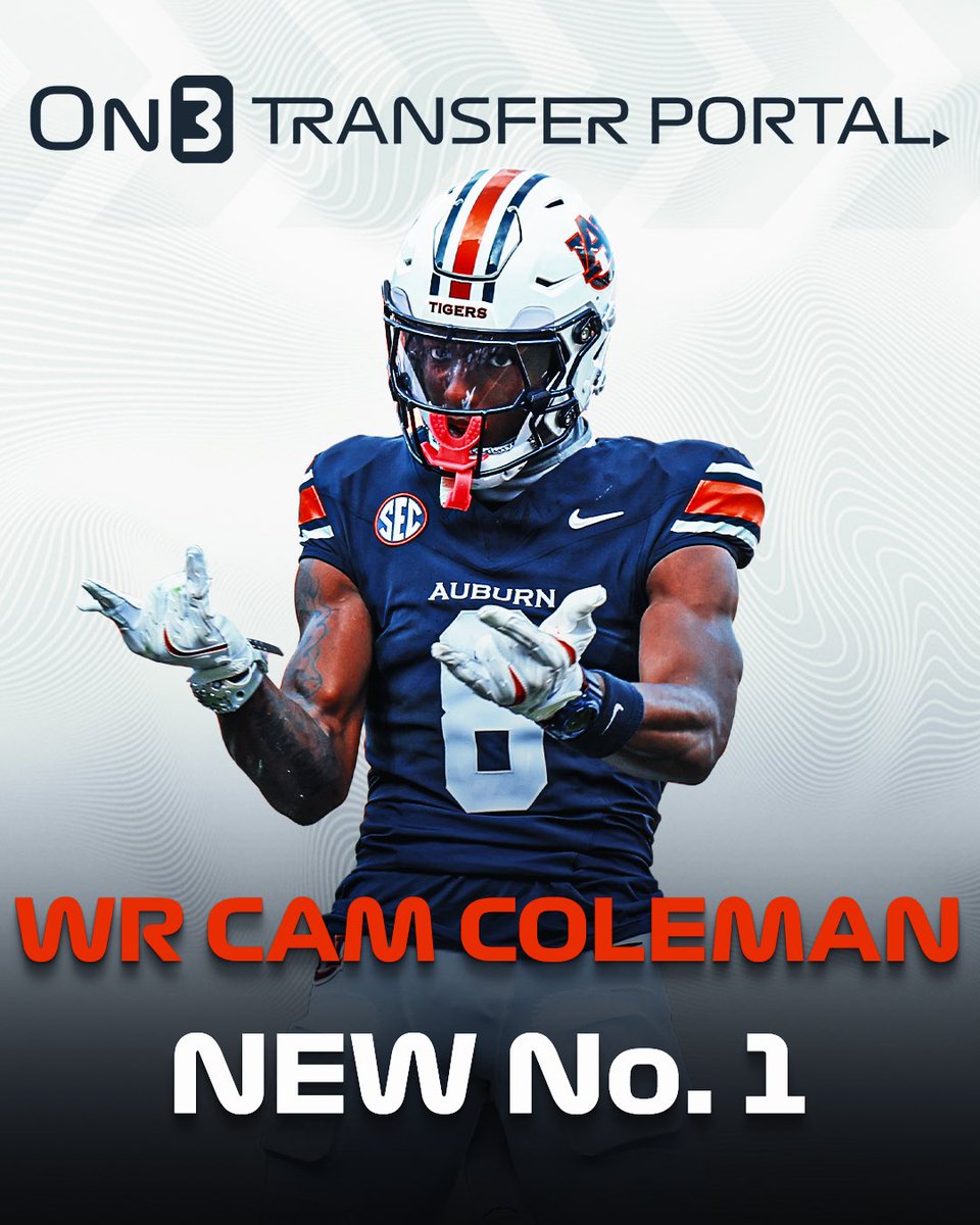 TransferPortal's tweet image. NEW: Auburn transfer WR Cam Coleman is now the No. 1 overall player in the On3 Transfer Portal Ranking⭐️

on3.com/transfer-porta…