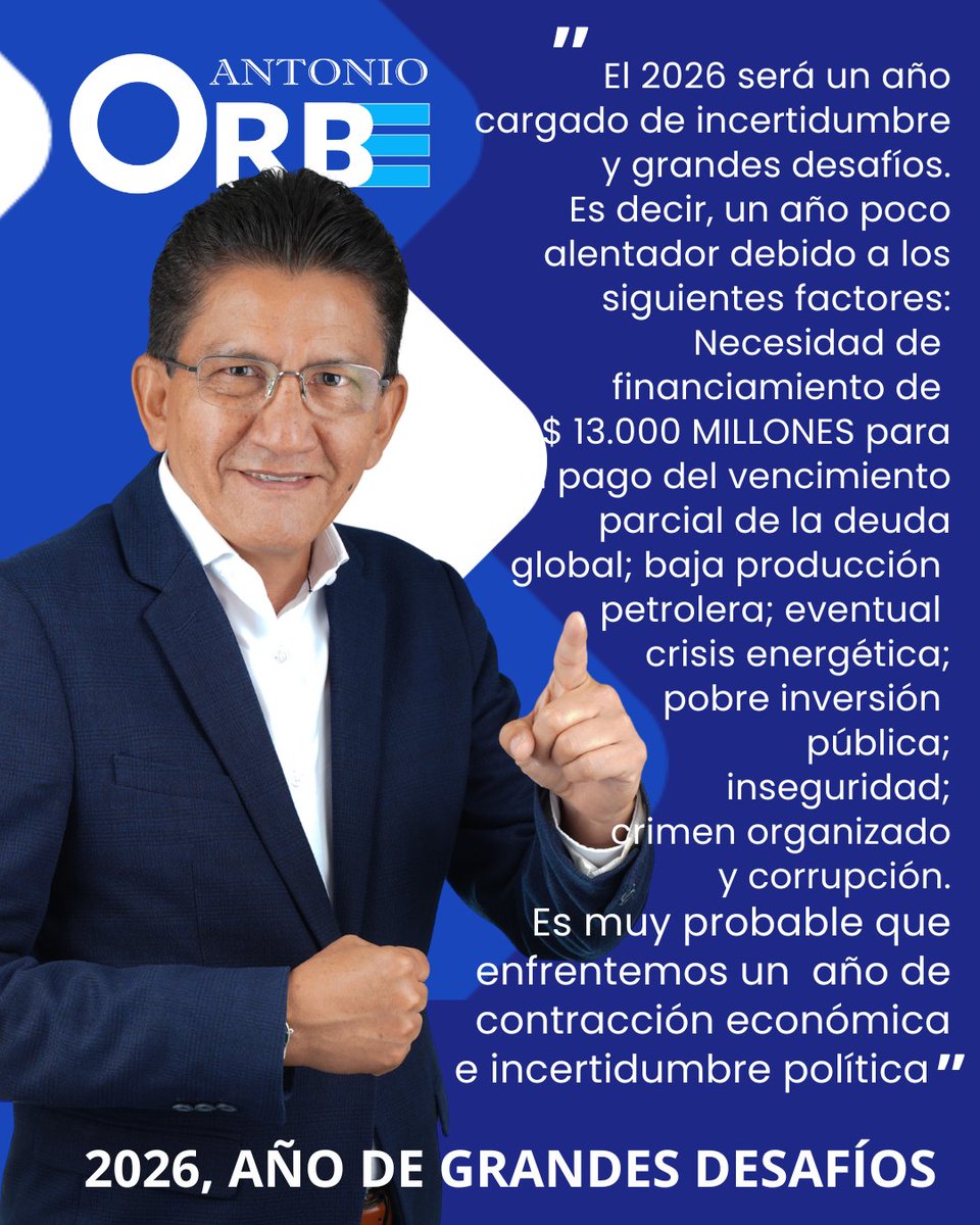 #ECUADOR2026 AÑO DE GRANDES DESAFÍOS debido a la necesidad de financiamiento de $ 13.000 MILLONES; baja producción petrolera; eventual crisis energética; pobre inversión pública; inseguridad.
Es muy probable que enfrentemos un año de contracción económica e incertidumbre política