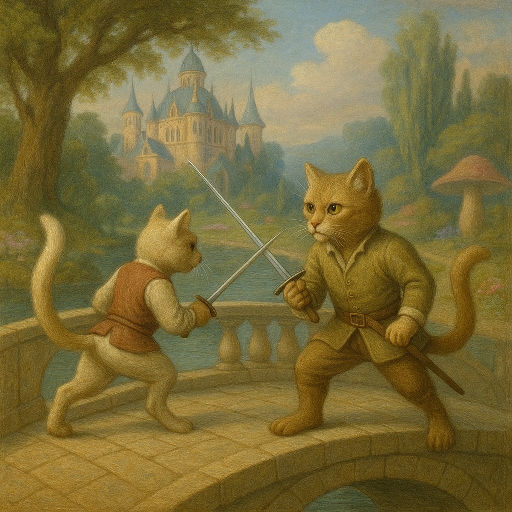 meowgalleryai's tweet photo. Would you frame this next to your desk? 🖼️

Prompt:A cat dueling with swords on a bridge in Wonderland, in Academic art style.

#AIArt #AICats #DigitalArt #CatArt #CatLovers #AIArtwork #MeowWeek #FelineDay #AIgenerated #CatsofTwitter https://t.co/KhC9tWoEVZ