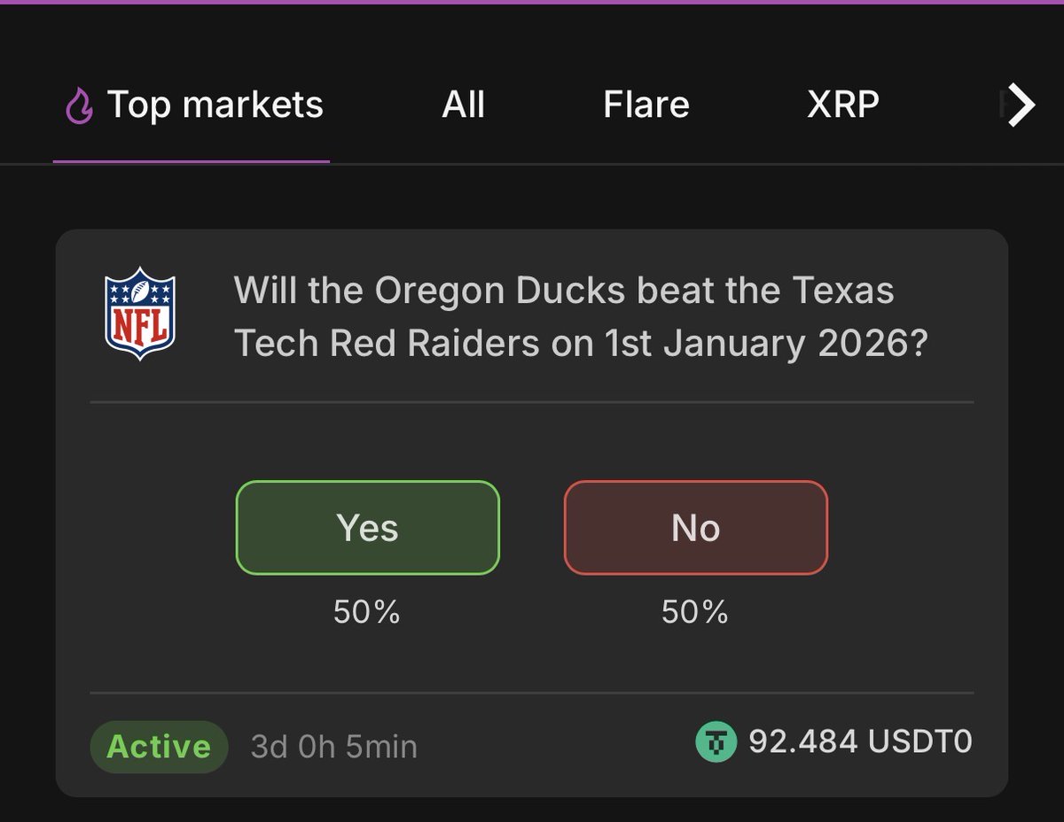 Live NFL Market!

Will the Oregon Ducks beat the Texas Tech Red Raiders on 1st of January?

Yours to predict!
ignitemarket.xyz